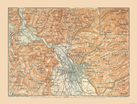 Historic Map - Graz Austria - Baedeker 1910 - 30.37 x 23 - Vintage Wall Art