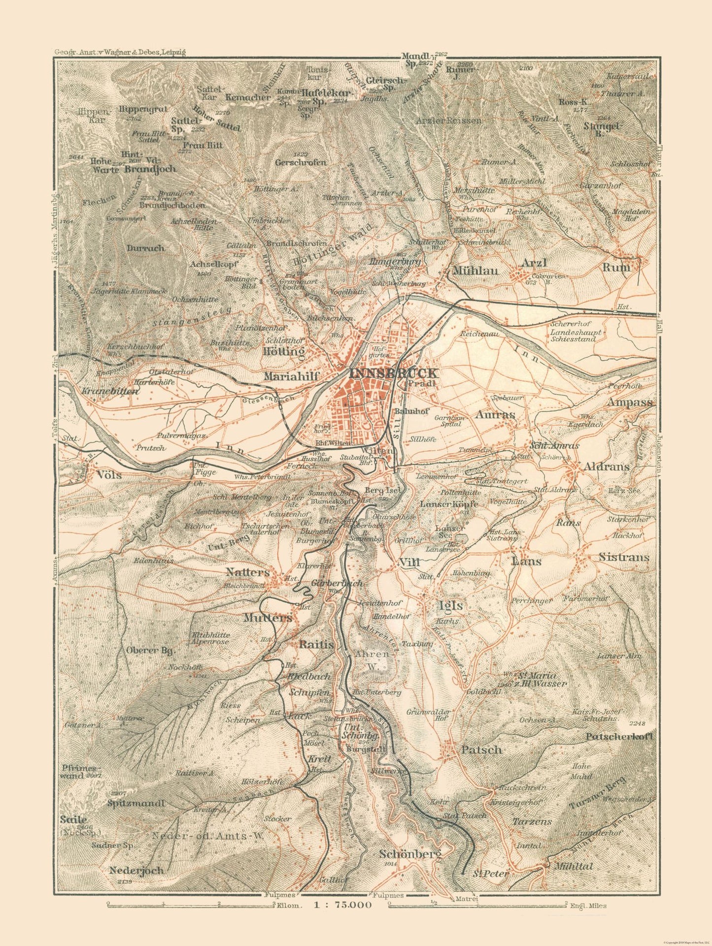 Historic Map - Innsbruck Region Austria - Baedeker 1910 - 23 x 30.56 - Vintage Wall Art