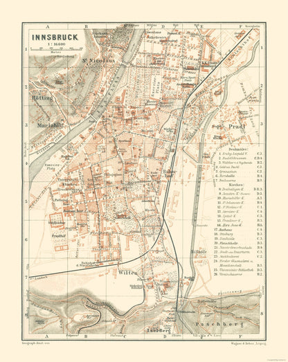 Historic Map - Innsbruck Austria - Baedeker 1910 - 23 x 28.91 - Vintage Wall Art