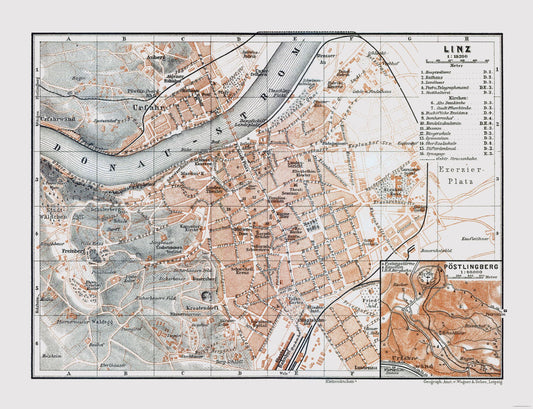 Historic Map - Linz Austria - Baedeker 1910 - 29.99 x 23 - Vintage Wall Art