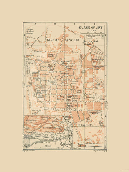 Historic Map - Klagenfurt Austria - Baedeker 1910 - 23 x 30.64 - Vintage Wall Art