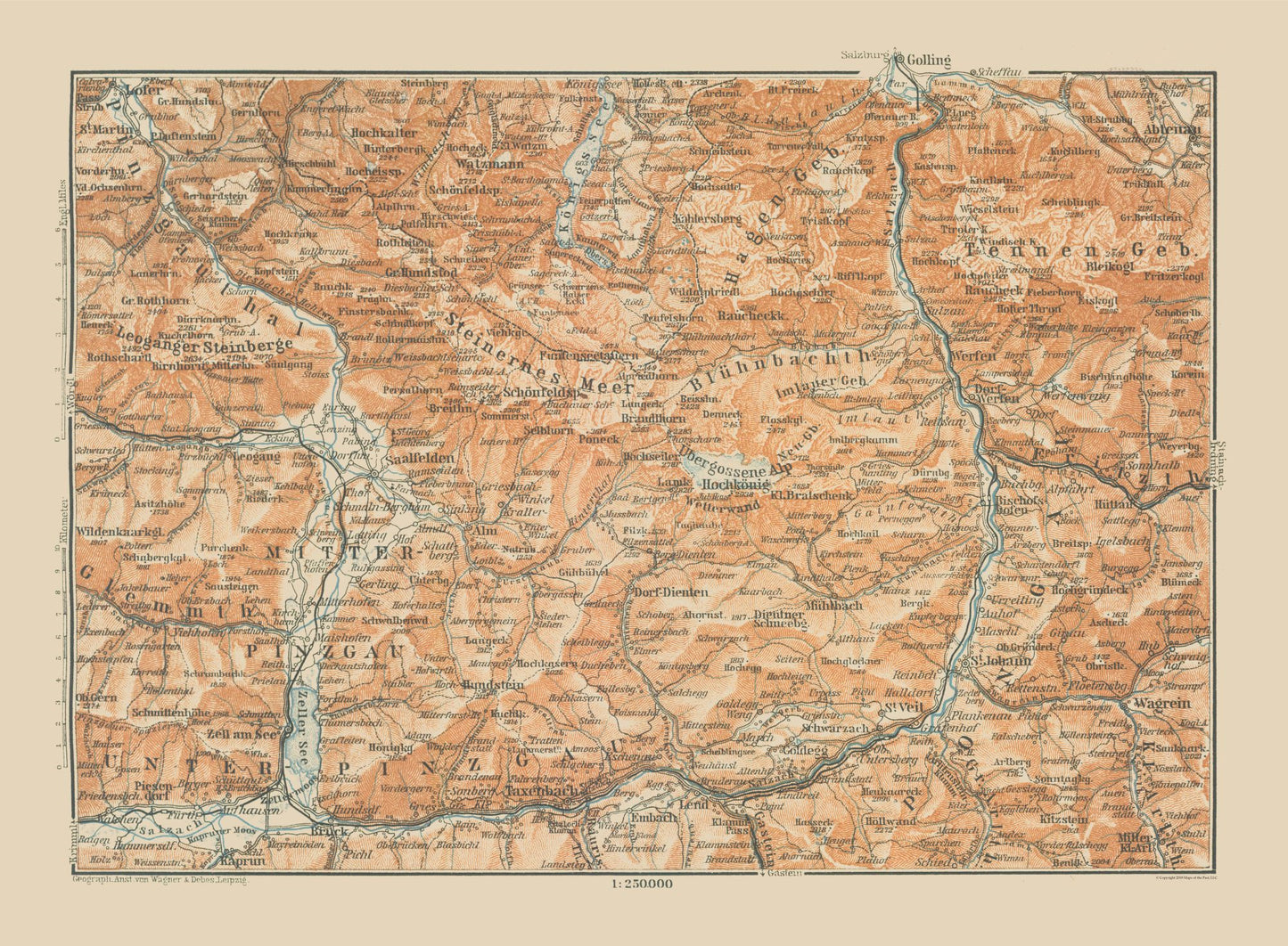 Historic Map - Mitter Pinzgau Region Austria - Baedeker 1910 - 31.29 x 23 - Vintage Wall Art