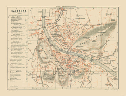 Historic Map - Salzburg Austria - Baedeker 1910 - 30.30 x 23 - Vintage Wall Art