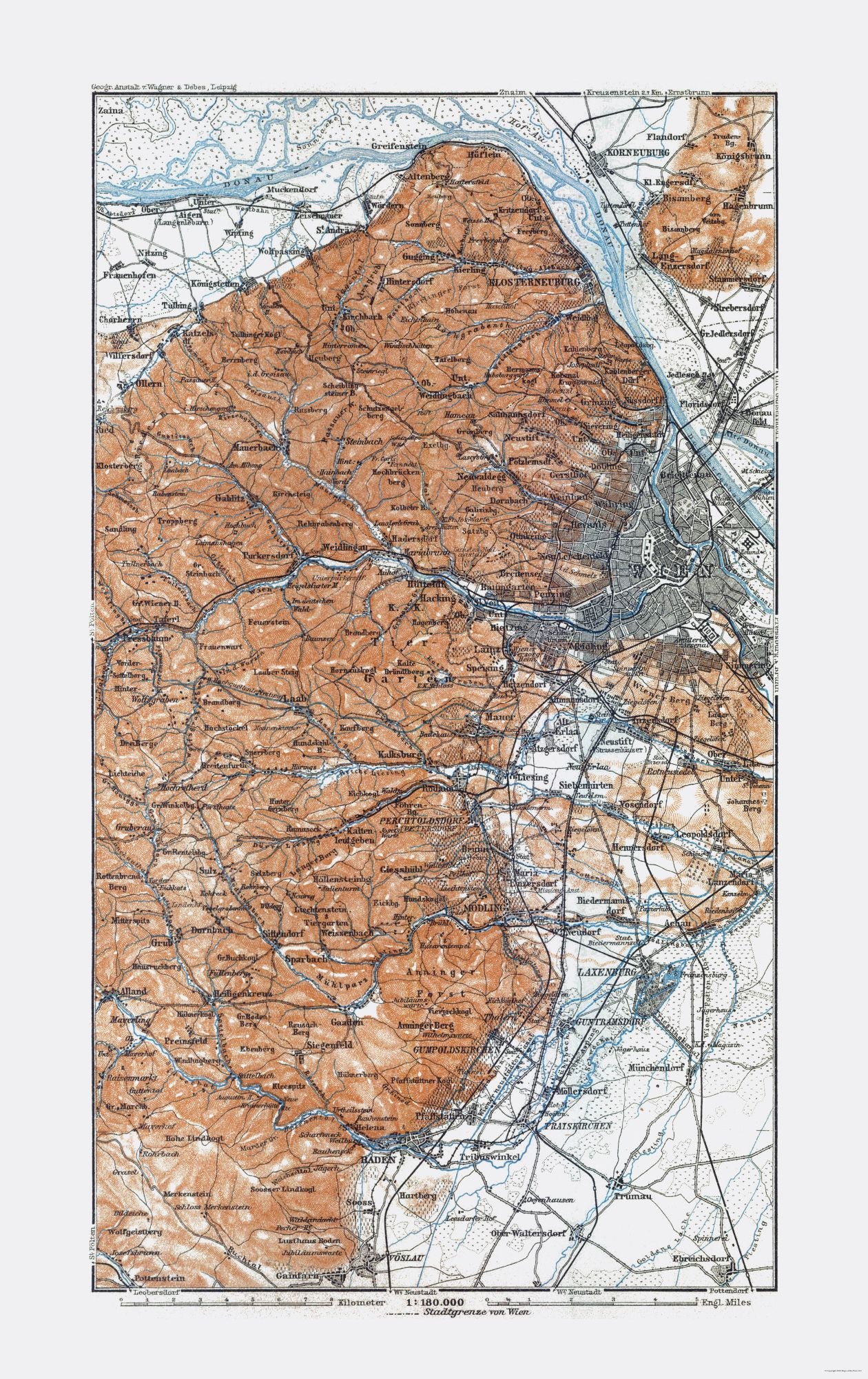 Historic Map - Vienna Austria Vicinity- Baedeker 1910 - 23 x 36.51 - Vintage Wall Art