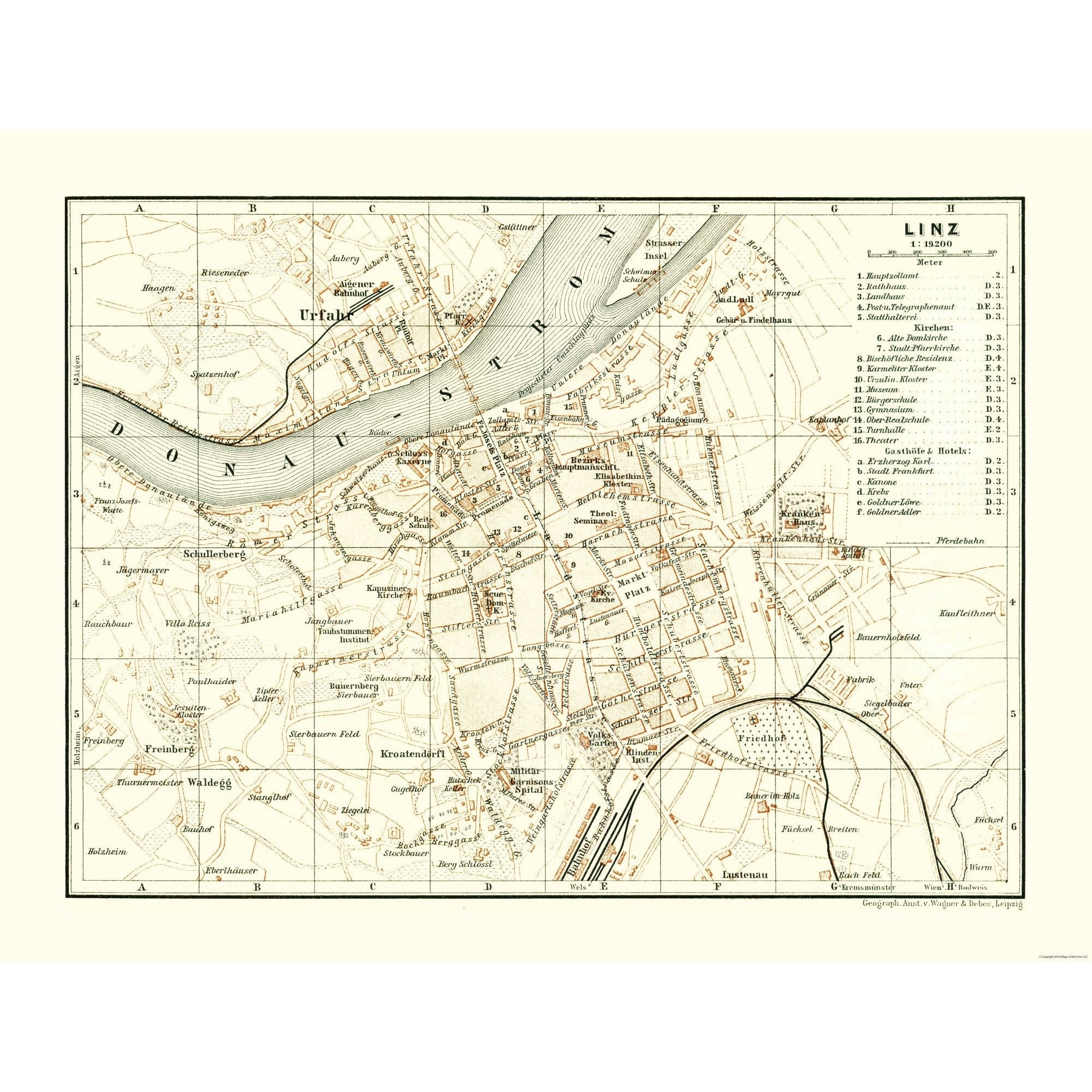 Historic Map - Linz Austria - Baedeker 1896 - 30.14 x 23 - Vintage Wal ...