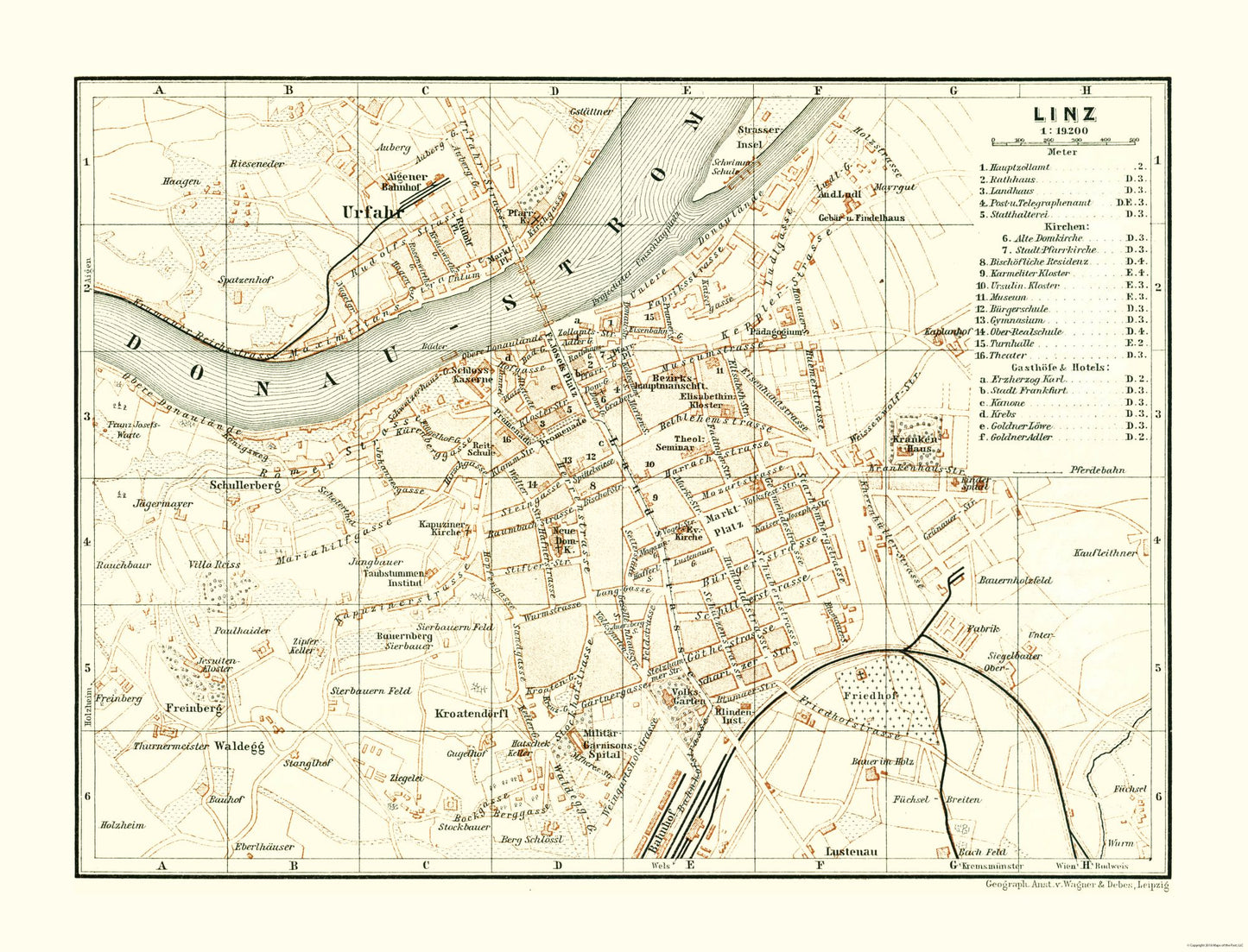 Historic Map - Linz Austria - Baedeker 1896 - 30.14 x 23 - Vintage Wall Art