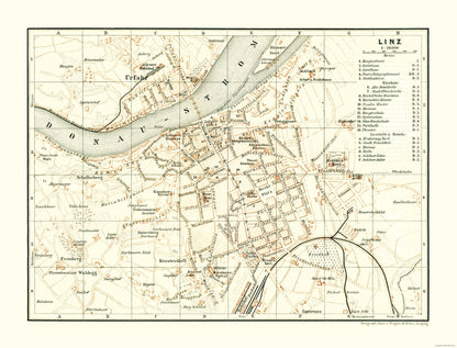 Historic Map - Linz Austria - Baedeker 1896 - 30.14 x 23 - Vintage Wall Art