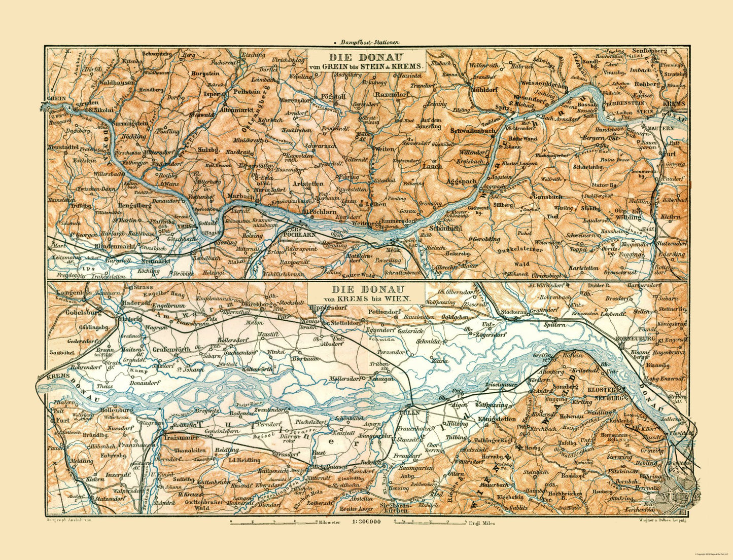 Historic Nautical Map - Danube River Grein Vienna Austria - Baedeker 1896 - 30.08 x 23 - Vintage Wall Art