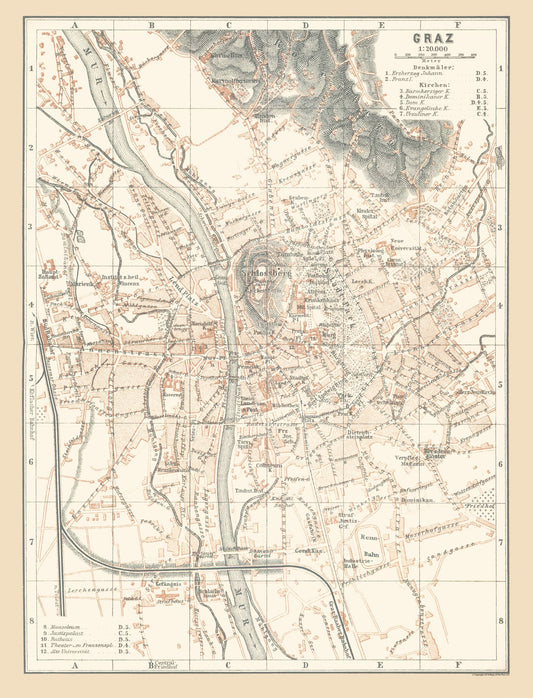 Historic Map - Graz Austria - Baedeker 1896 - 23 x 30.10 - Vintage Wall Art