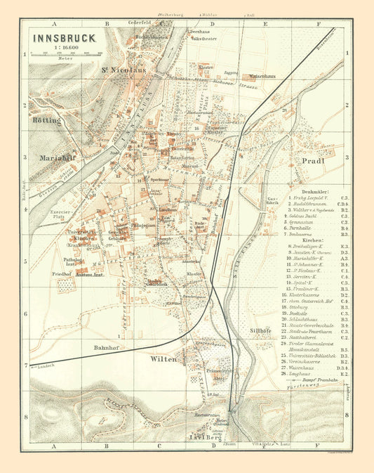 Historic Map - Innsbruck Austria - Baedeker 1896 - 23 x 29.05 - Vintage Wall Art