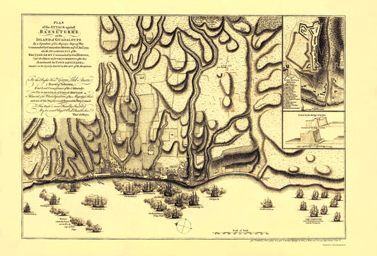 Historic Map - Guadeloupe Island France Attack Basseterre - Jefferys 1760 - 23 x 33 - Vintage Wall Art