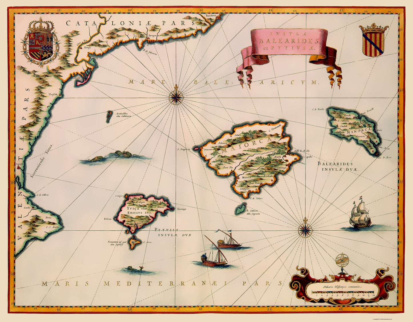 Historic Map - Balearic Islands Spain - Blaeu 1635 - 23 x 29.48 - Vintage Wall Art