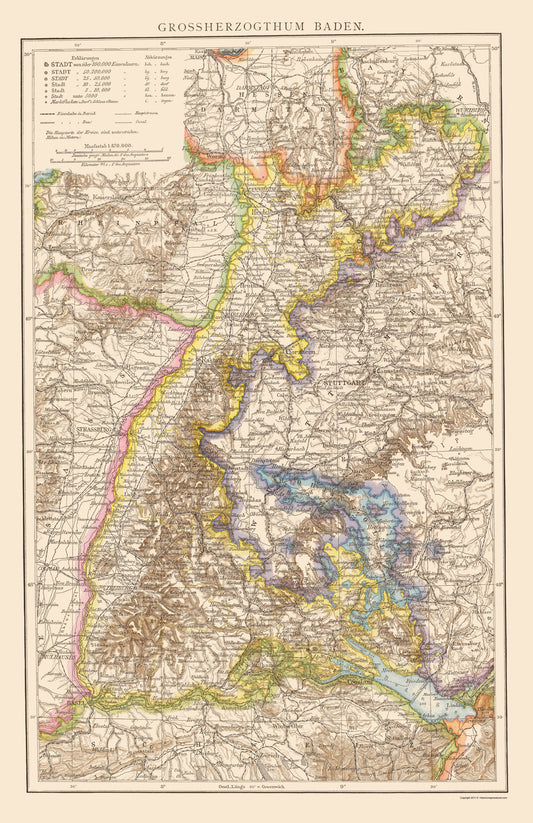 Historic Map - Grand Duchy Baden Germany - Andree 1895 - 23 x 35.52 - Vintage Wall Art