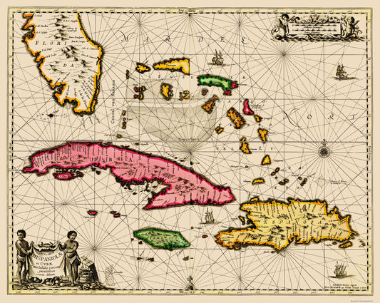 Historic Nautical Map - Bahamas Cuba Jamaica Sea Chart - Jansson 1650 - 23 x 28 - Vintage Wall Art