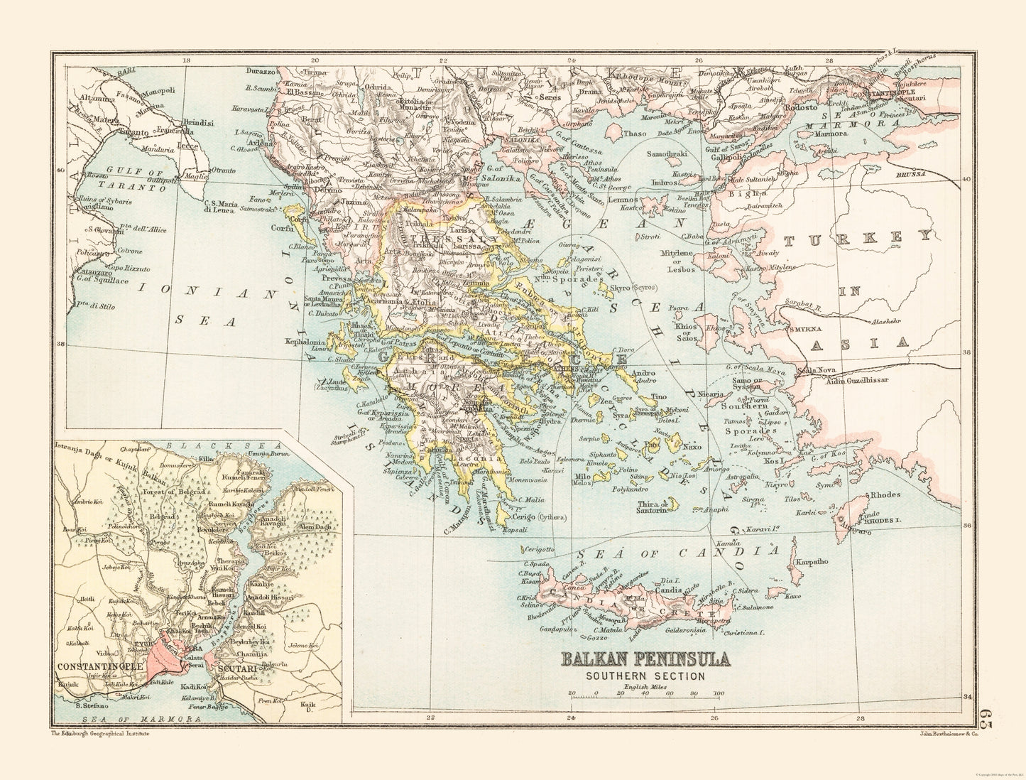 Historic Map - Greece Balkan Peninsula Southern - Bartholomew 1892 - 30.27 x 23 - Vintage Wall Art