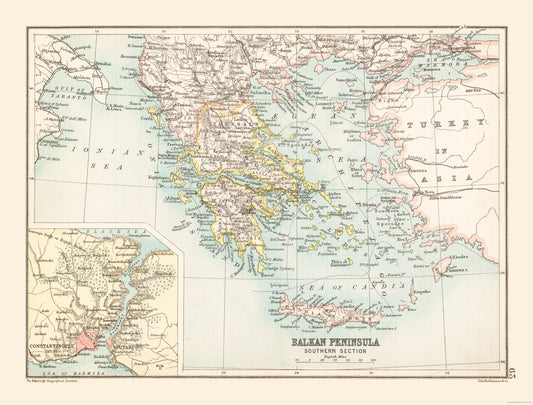 Historic Map - Greece Balkan Peninsula Southern - Bartholomew 1892 - 30.27 x 23 - Vintage Wall Art