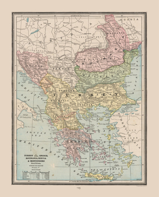 Historic Map - Turkey Greece Romania Serbia - Cram 1888 - 23 x 28.56 - Vintage Wall Art