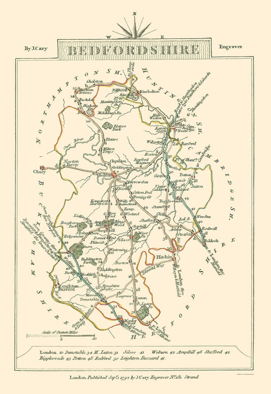 Historic Map - Bedfordshire County England - Cary 1792 - 23 x 33.41 - Vintage Wall Art