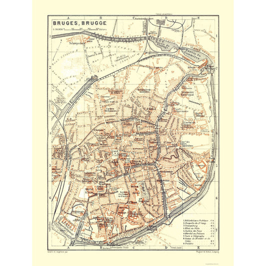 Historic Map - Bruges Belgium - Baedeker 1910 - 23 x 30.36 - Vintage Wall Art