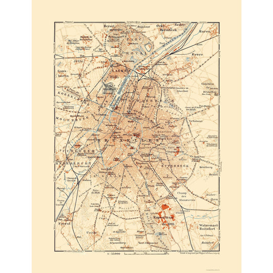 Historic Map - Brussels Belgium Central - Baedeker 1910 - 23 x 29.93 - Vintage Wall Art