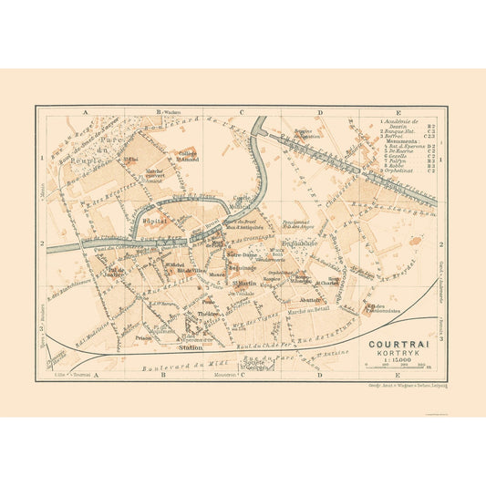 Historic Map - Courtrai Kortrijk Belgium - Baedeker 1910 - 32.06 x 23 - Vintage Wall Art