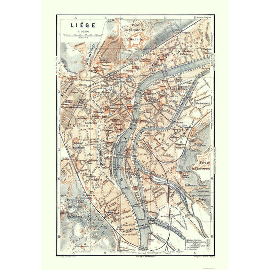 Historic Map - Liege Belgium - Baedeker 1910 - 23 x 33.17 - Vintage Wall Art