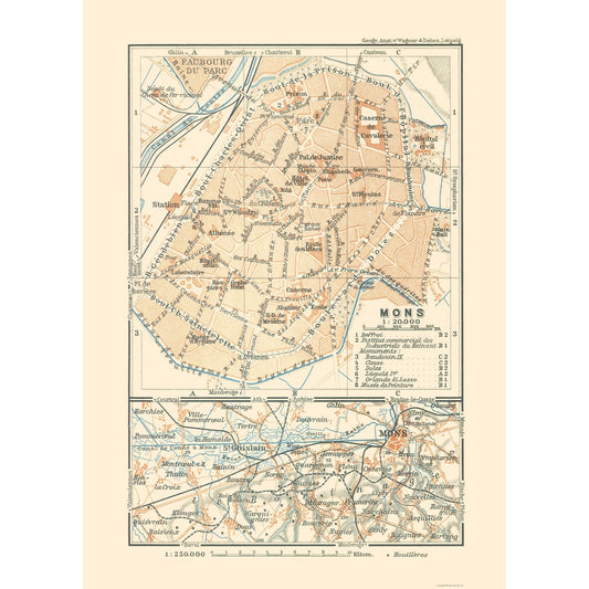 Historic Map - Mons Belgium - Baedeker 1910 - 23 x 31.99 - Vintage Wall Art
