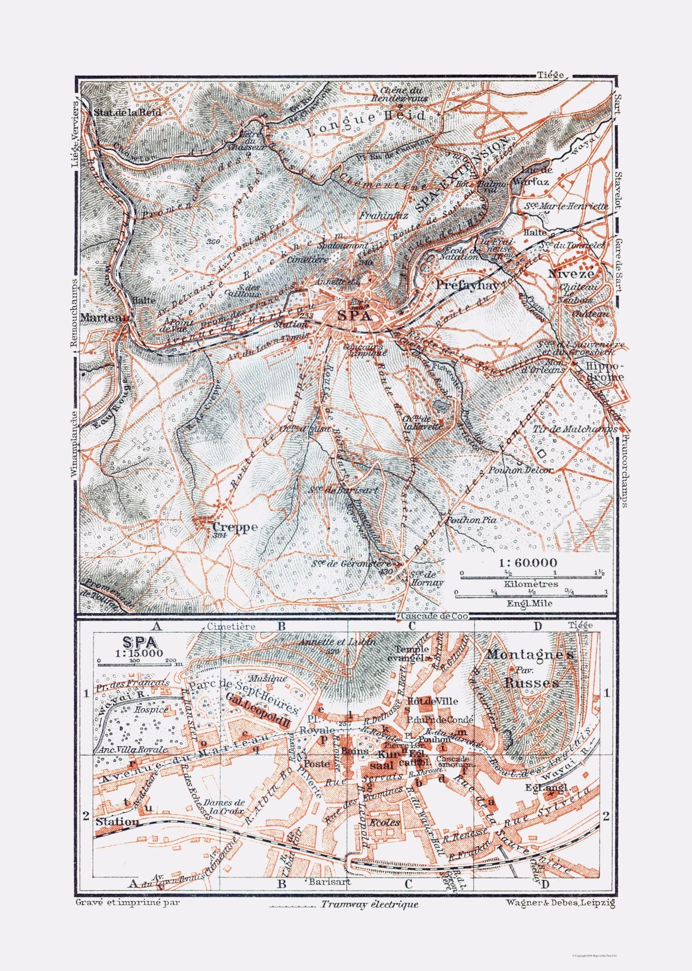 Historic Map - Spa Belgium - Baedeker 1910 - 23 x 32.25 - Vintage Wall Art