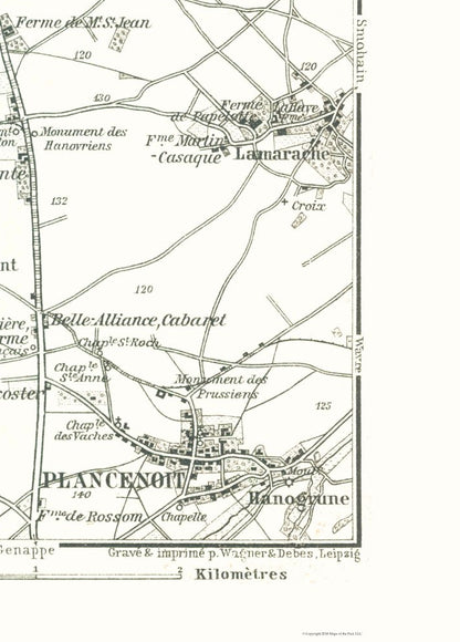 Historic Map - Waterloo Plancenoit Belgium - Baedeker 1910 - 23 x 32.08 - Vintage Wall Art