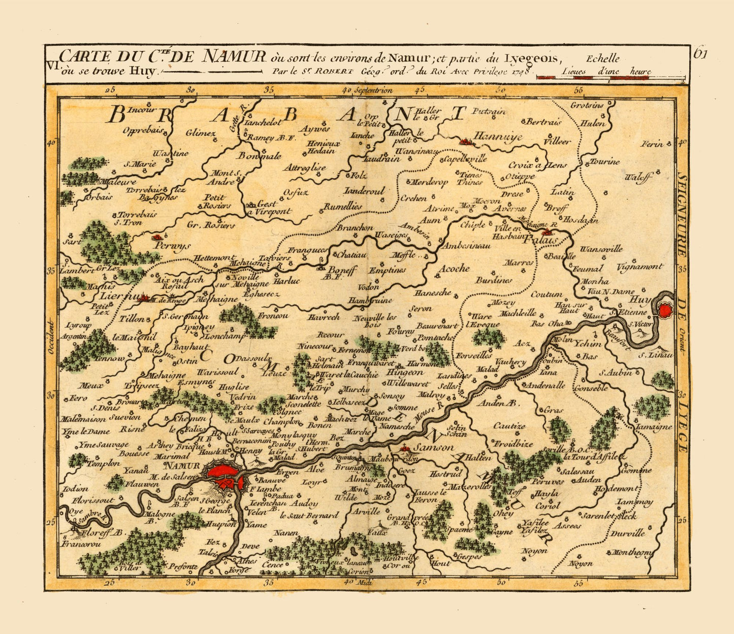 Historic Map - Namur Environs Belgium - Robert 1748 - 26.60 x 23 - Vintage Wall Art