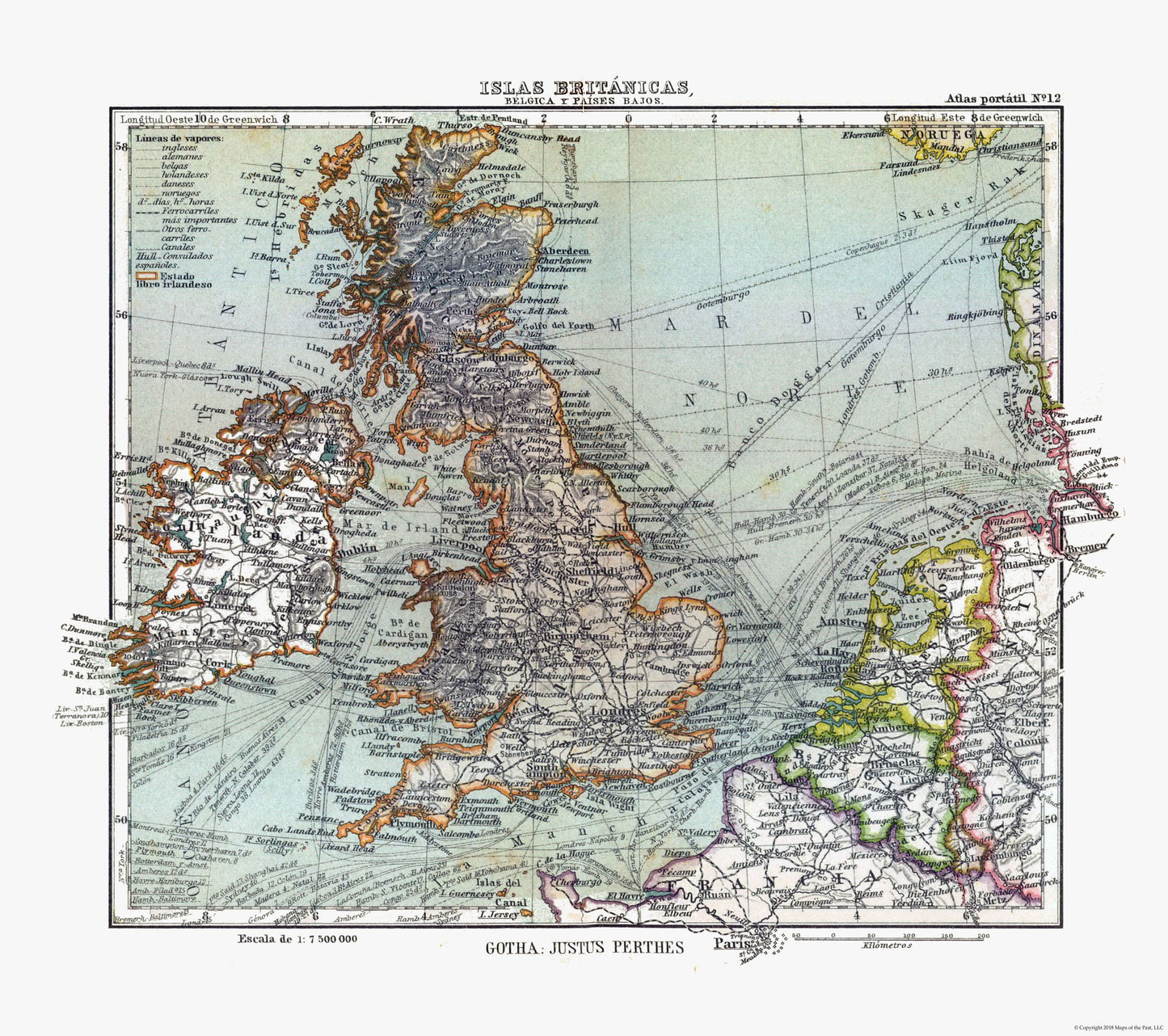 Historic Map - Ireland England France Belgium - Perthes 1921 - 25.93 x 23 - Vintage Wall Art