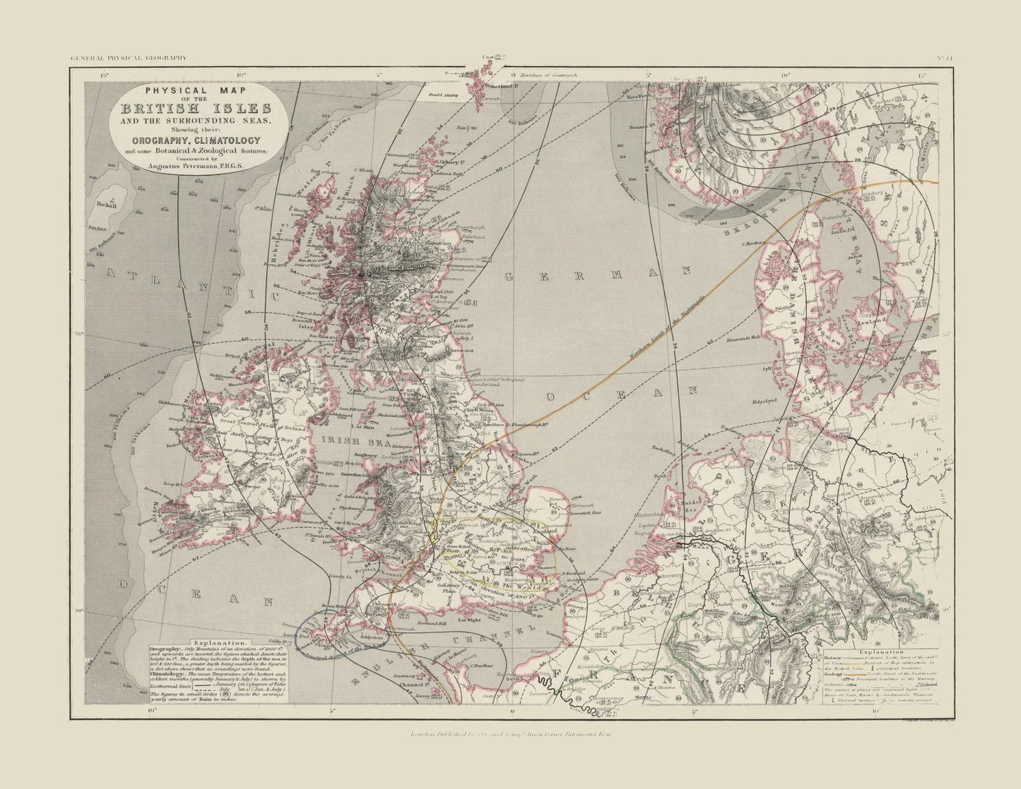 Historic Map - British Isles Orography Climatology - Petermann 1850 - 29.72 x 23 - Vintage Wall Art