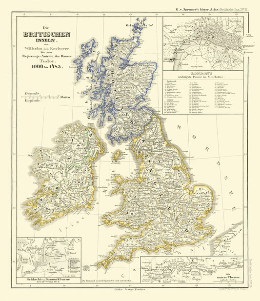 Historic Map - British Isles Tudors 1066 to 1485 - Spruner 1839 - 23 x 26.00 - Vintage Wall Art