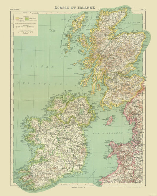 Historic Map - Ireland Scotland - Hachette 1930 - 23 x 28.74 - Vintage Wall Art