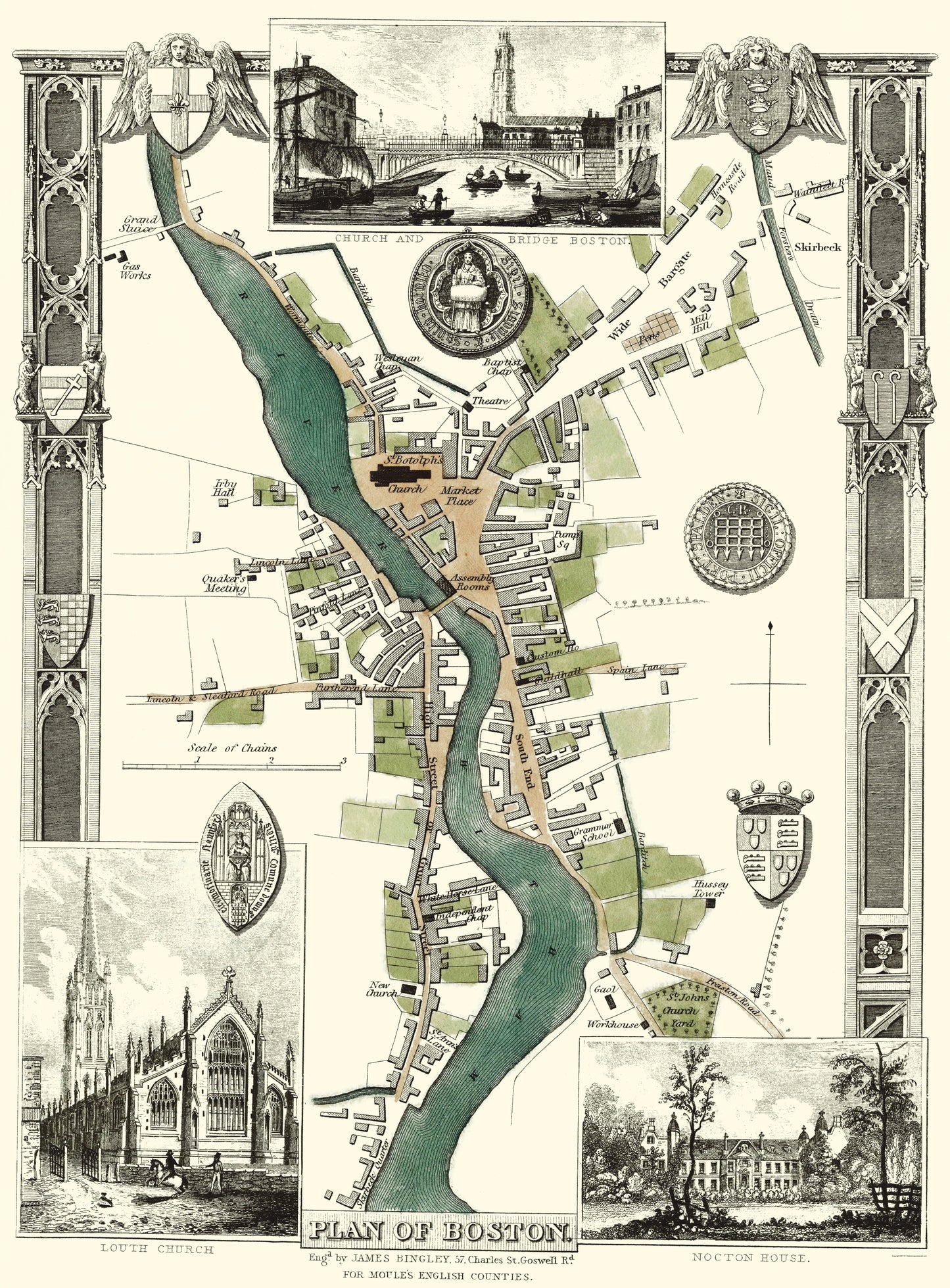 Historic Map - Boston England Plan - Moule 1837 - 23 x 31.19 - Vintage Wall Art