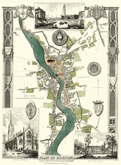 Historic Map - Boston England Plan - Moule 1837 - 23 x 31.19 - Vintage Wall Art