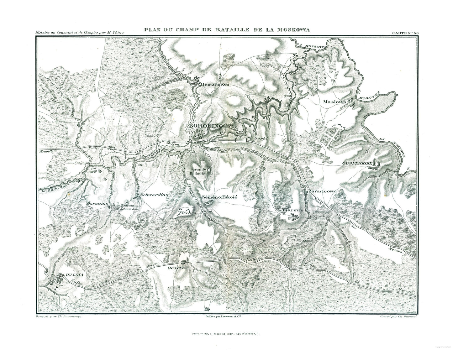 Historic War Map - Borodino Battlefield Plan - Thiers 1866 - 29.75 x 23 - Vintage Wall Art