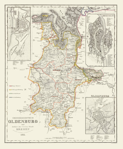 Historic Map - Bremen Oldenburg Germany - Gotthard 1851 - 23 x 27 - Vintage Wall Art