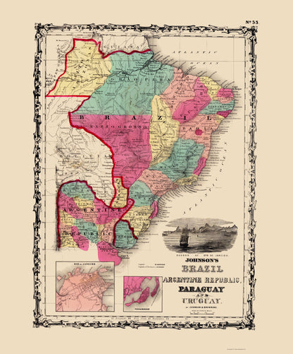 Historic Map - Brazil Argentina Paraguay Uruguay - Johnson 1860 - 23 x 27 - Vintage Wall Art