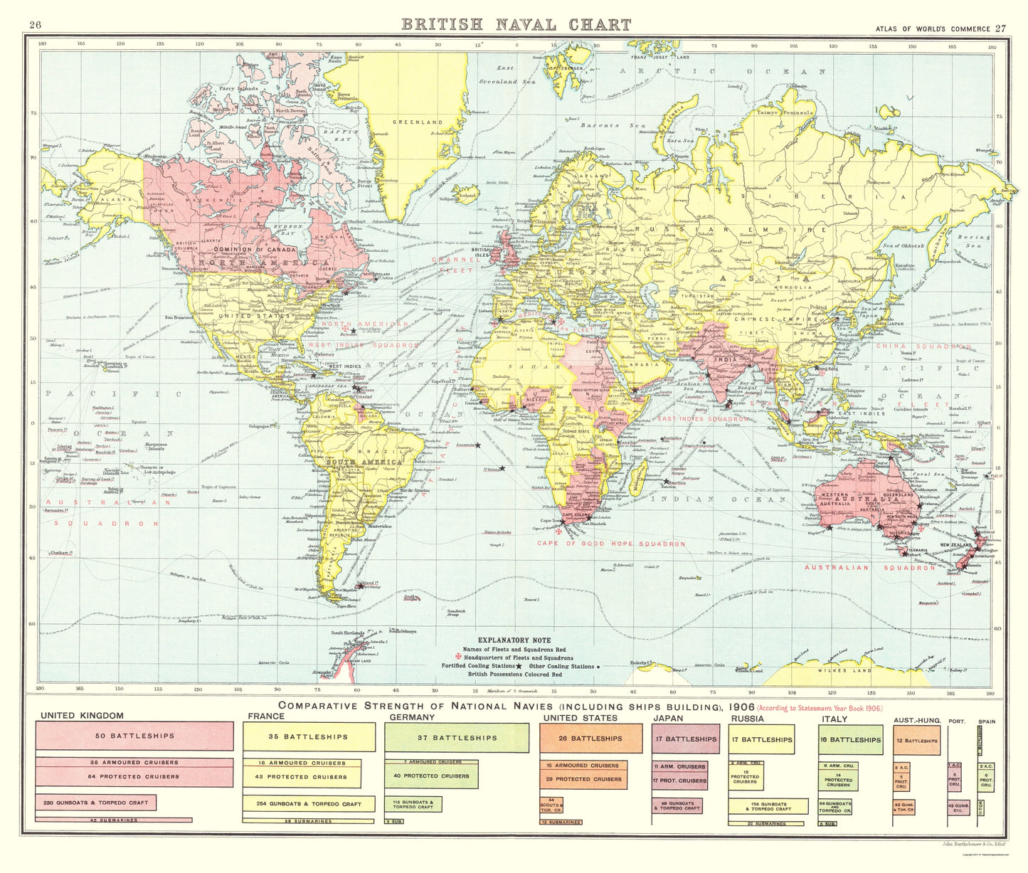 Historic Nautical Map - British Global Naval Chart - Newnes 1907 - 23 x 27.08 - Vintage Wall Art