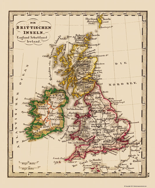 Historic Map - British Isles - Stieler 1852 - 23 x 27.94 - Vintage Wall Art