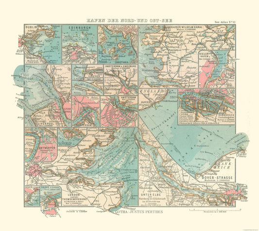 Historic Nautical Map - Baltic Sea Ports England Ireland Scotland - Perthes 1914 - 25.75 x 23 - Vintage Wall Art