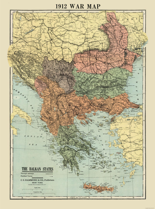Historic War Map - Balkan States War - Hammond 1912 - 23 x 30.96 - Vintage Wall Art
