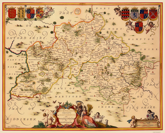 Historic Map - Buckinghamshire County England - Jansson 1646 - 23 x 28 - Vintage Wall Art