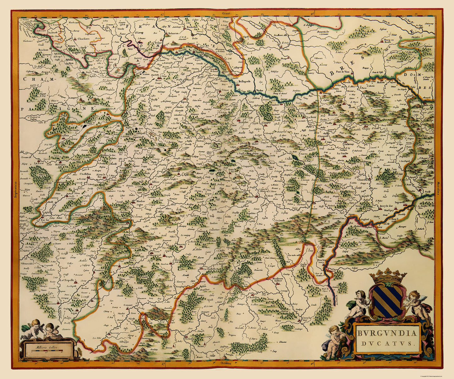 Historic Map - Burgundy Region France - Blaeu 1662 - 23 x 27.53 - Vintage Wall Art