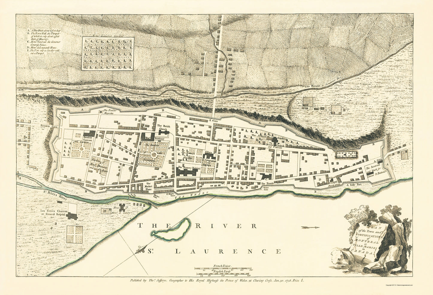 Historic Map - Montreal Canada Plan - Jeffreys 1758 - 23 x 33.72 - Vintage Wall Art