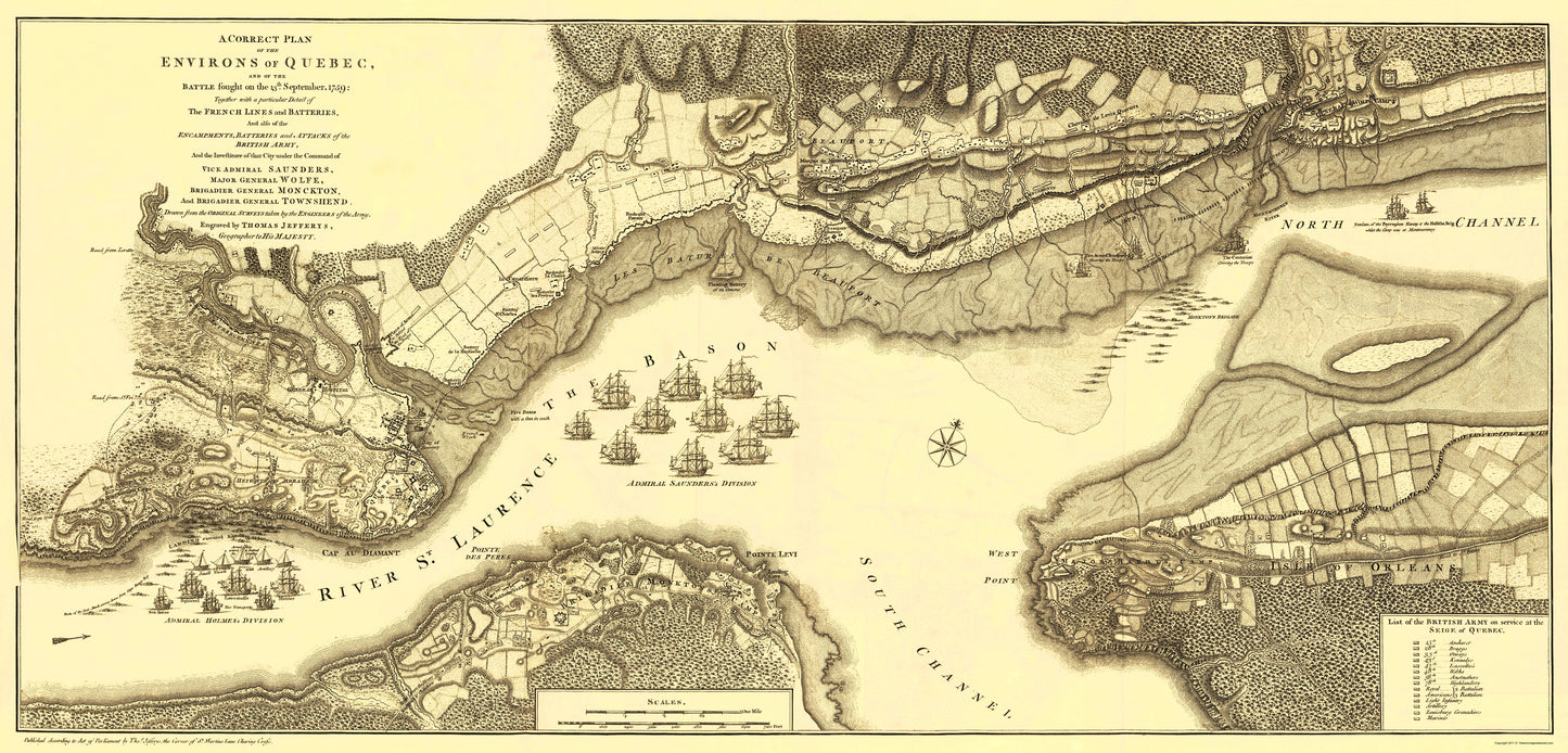 Historic War Map - Quebec Canada Battle - Jeffreys 1759 - 23 x 47.90 - Vintage Wall Art