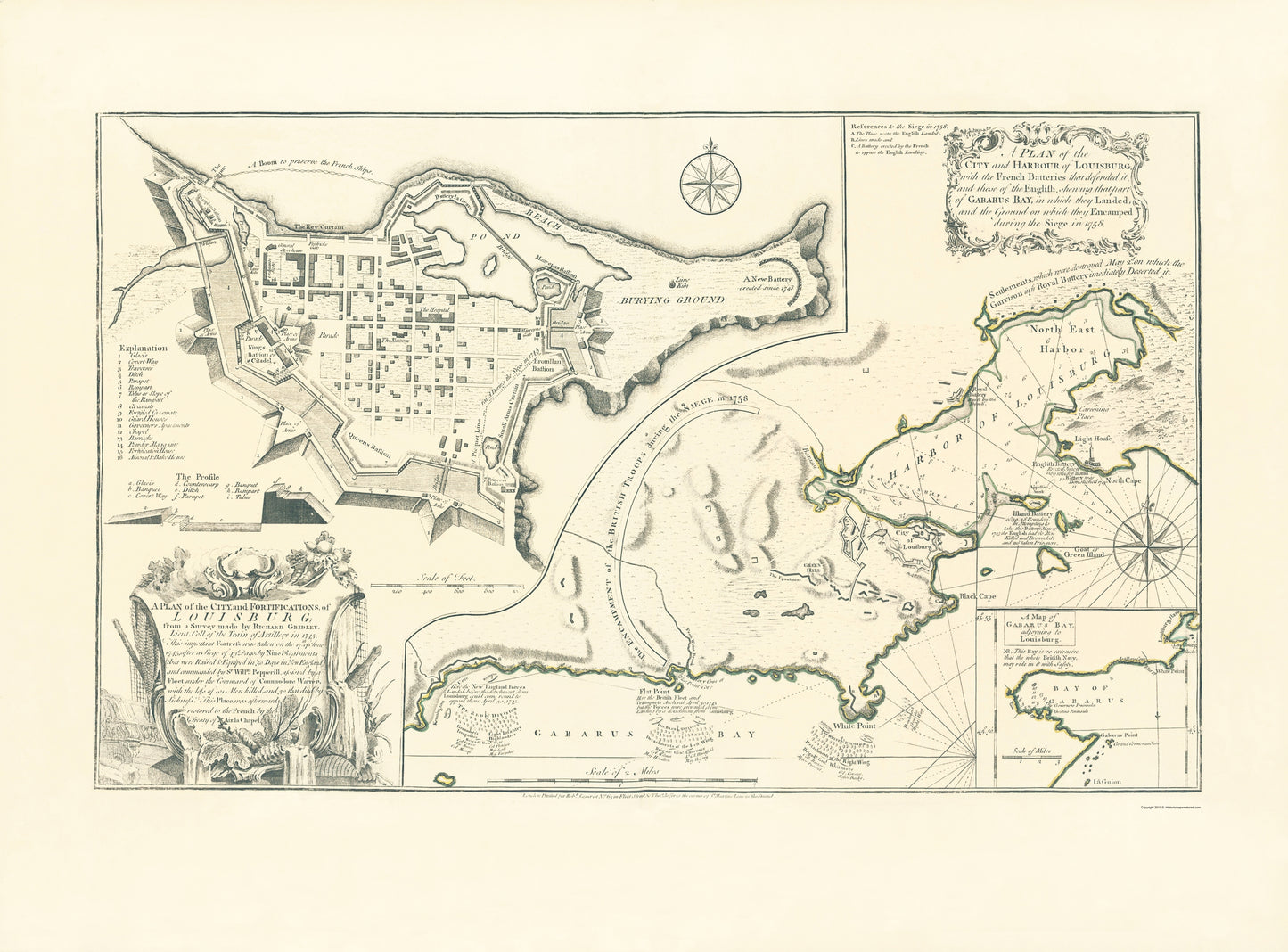 Historic War Map - Louisburg City Harbour Fortifications - Jeffreys 1760 - 23 x 31.13 - Vintage Wall Art