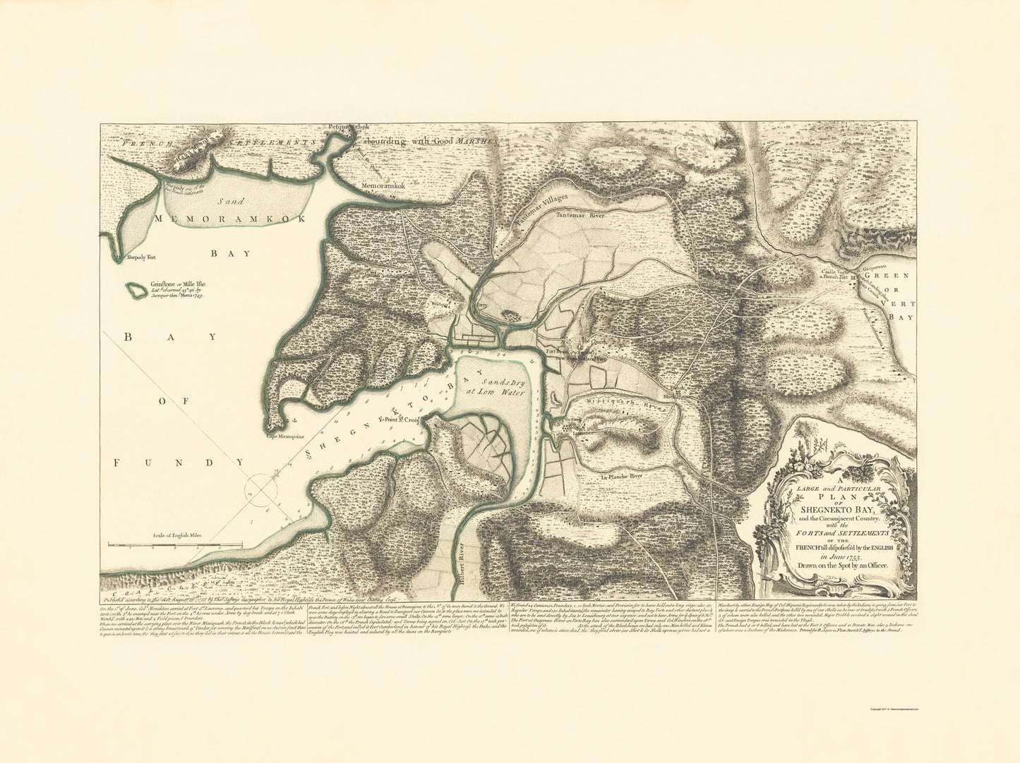 Historic War Map - Shegnekto Bay French Forts Settlements - Jeffreys 1755 - 23 x 30.73 - Vintage Wall Art