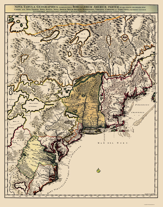 Historic Map - North America Northeastern Coast - Visscher 1745 - 23 x 29.28 - Vintage Wall Art